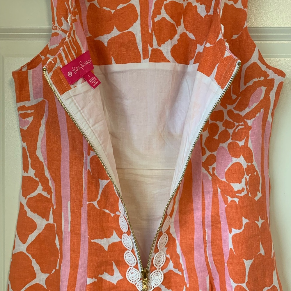 Lilly Pulitzer Pink Coral Sleeveless Mini Dress Giraffe Animal Print‎ Linen Sz 6 - Picture 9 of 15